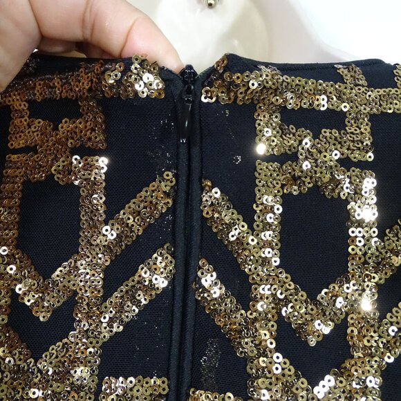 Calvin Klein Black Gold Sequins V-Neck Party Dress Women Size 14 Long Sleeve - Picture 6 of 16